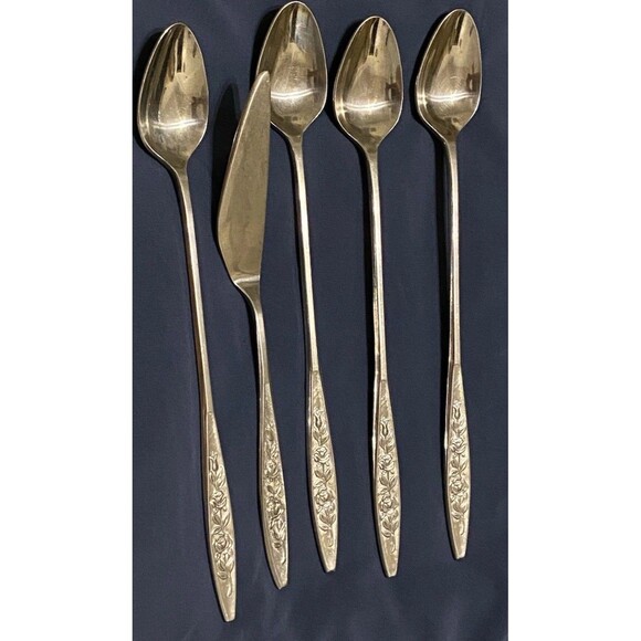 VTG Eldan ELD18 Stainless Steel Flatware Japan Roses 4 Ice Tea Spoons + 1 Knife - Picture 11 of 15